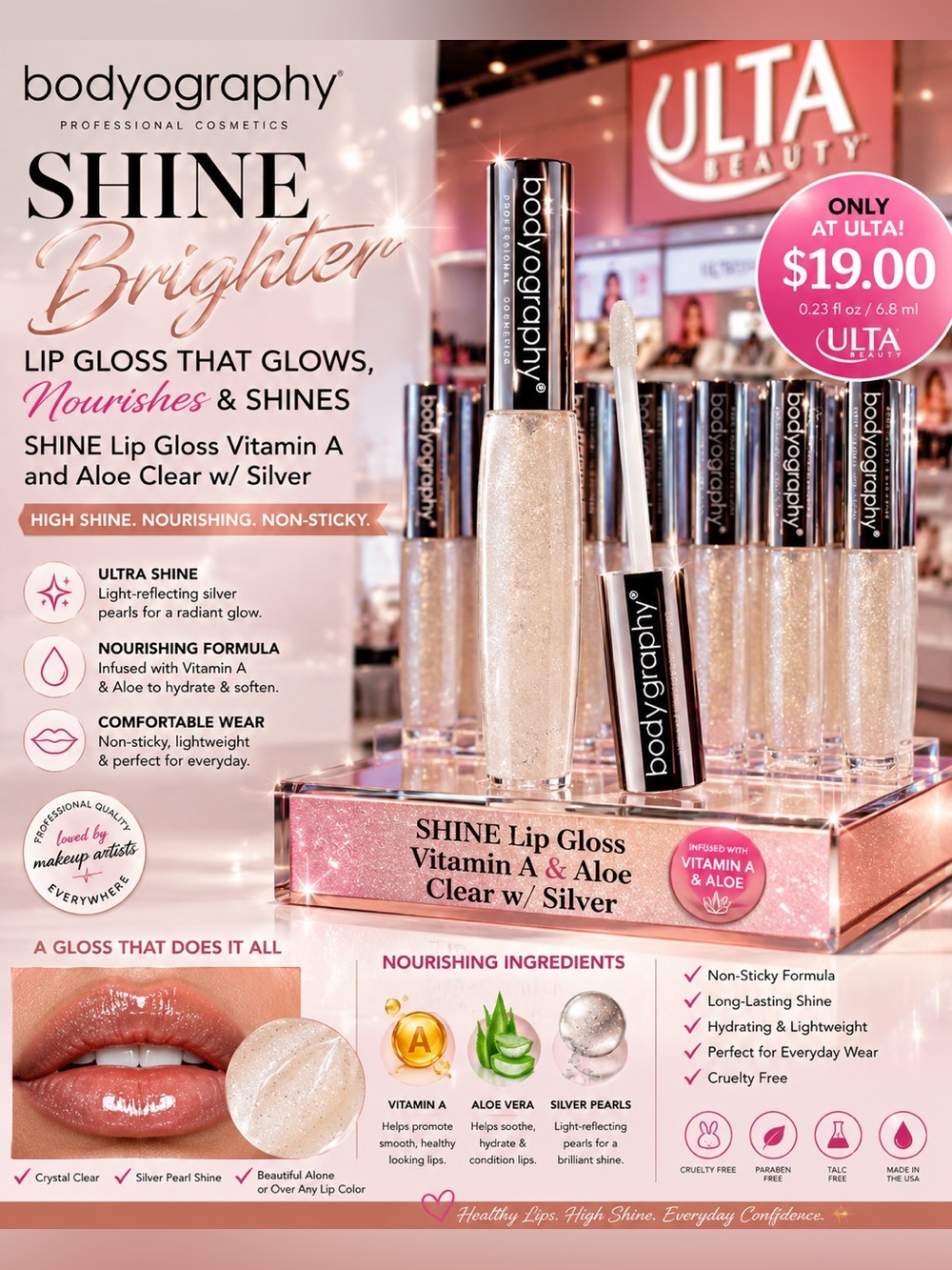 bodyography SHINE Lip Gloss - Clear with Silver Pearls
